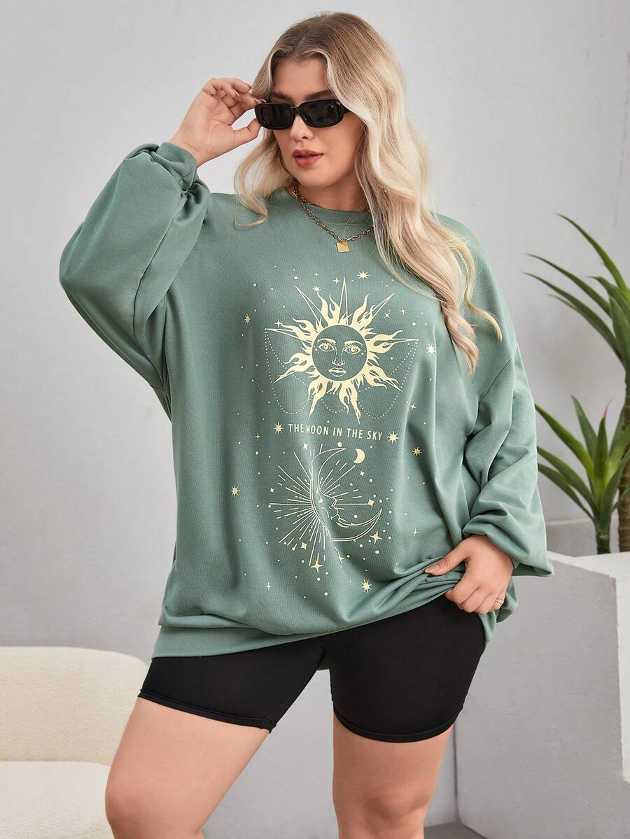 SHEIN EZwear 大碼日月圖案落肩袖運動衫 - 軍綠色 - 查看 1