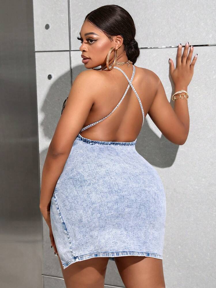 Plus Size Denim Dress With Split Hem And Halter Neck