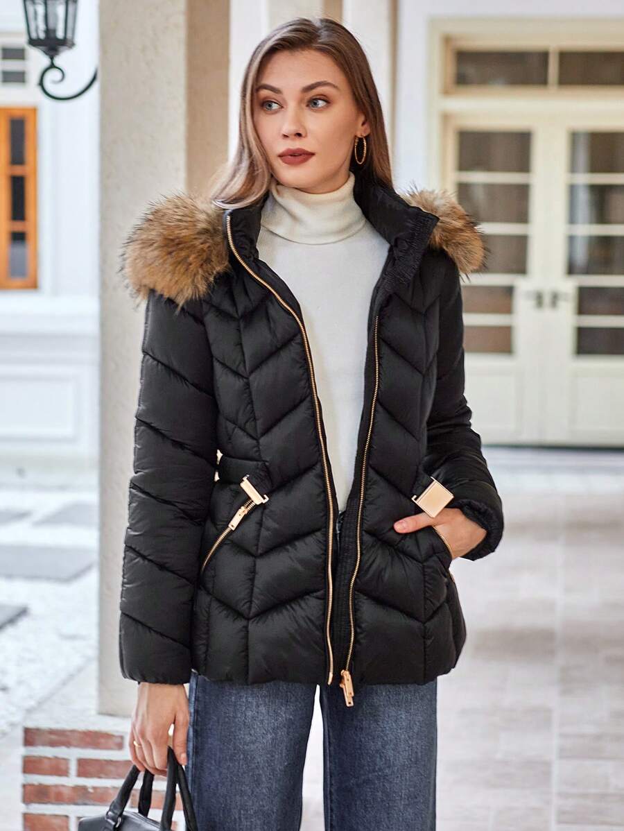 Anewsta Áo khoác có mũ trùm đầu cổ lông dành cho nữ - màu đen - Xem 1