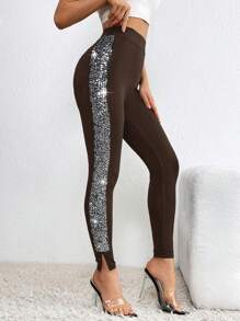 SHEIN Privé 女式拼接閃爍亮片小腿褲 - 棕色 - 查看 5