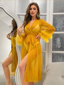 Ropa De Dormir De Gasa De Malla Para Mujer Con Jacquard Floral Y Mangas Con Volantes - Amarillo - Ver 1