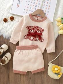嬰兒女童小熊圖案毛衣和針織裙子套裝 - 淺粉色 - 查看 1