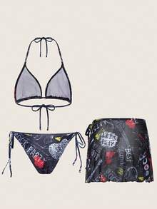 Swim EVENT 3 cái/bộ Ngẫu nhiên In Bikini Với Knotted Bên Cà vạt - Nhiều màu - Xem 6