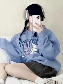 DAZY 女士卡通字母印花束口連帽衛衣 - 紫色 - 查看 1