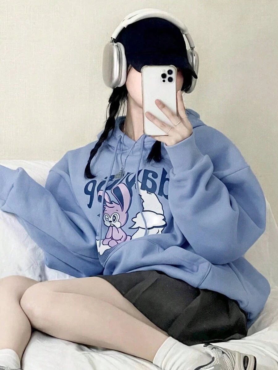 DAZY 女士卡通字母印花束口連帽衛衣 - 紫色 - 查看 1