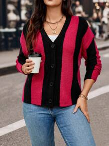 SHEIN LUNE Cardigan Tricoté Rayé À Blocs De Couleurs De Grande Taille Pour Femmes Avec Bouton Sur Le Devant - Multicolore - Voir 1