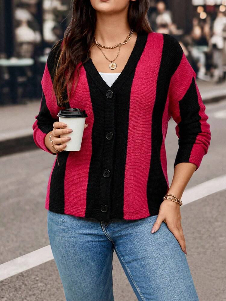 Women's Plus Size Color Block Striped Knitted Cardigan With Button Front