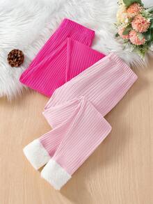 SHEIN Junior Girls' Knitted Patchwork Plush Combination Casual Leggings 2pcs/set - Pink - View 2
