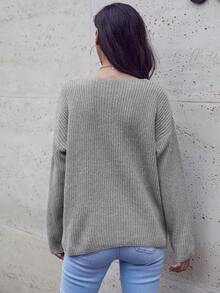 SHEIN LUNE Đúng mốt Màu thuần Cổ chữ V Áo len Oversized - Xám - Xem 2