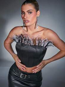 Hauture 时尚性感毛绒装饰露背短款上衣 - 黑色 - 查看 3