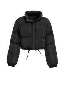 Livesso 抽绳下摆落肩拉链夹棉大衣，冬季女装，冬季女装外套 - 黑色 - 查看 4