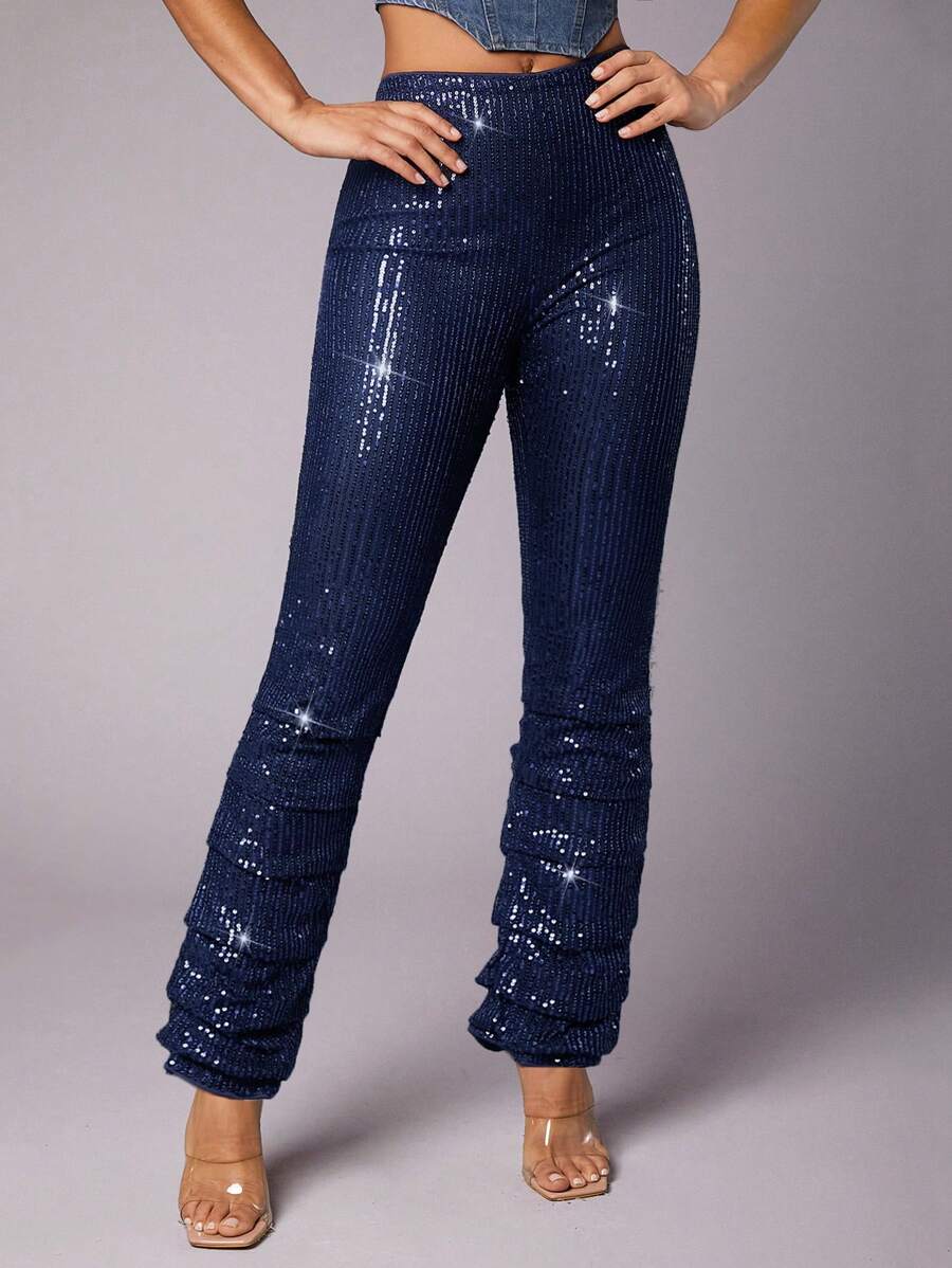 SHEIN BAE Christmas Sequin Stacked Pants - Blue - View 1