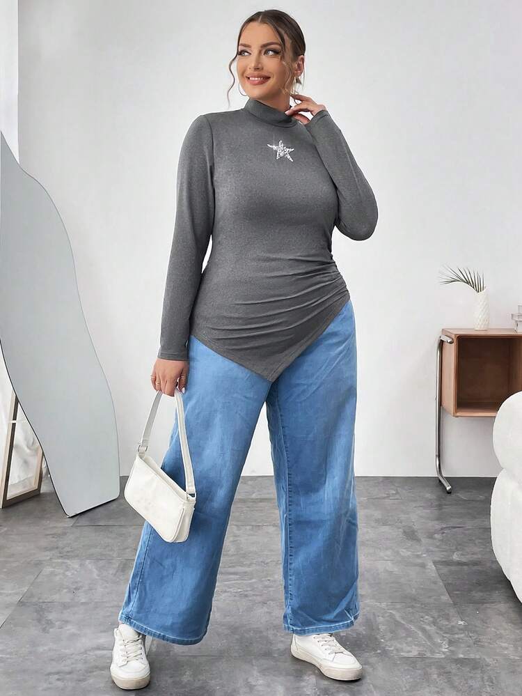 Plus Size Women's Standing Collar Five-pointed Star T-shirt