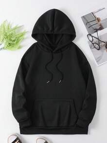 Của phụ nữ Kích thước lớn Áo nỉ có mũ Với dây rút Và In thư , Mùa Đông - màu đen - Xem 2