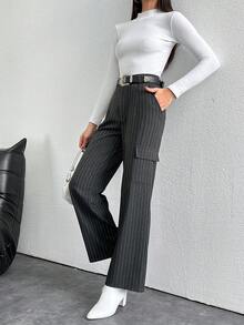 SHEIN Women'S Striped Cargo Suit Pants With Pockets - Grey - View 2