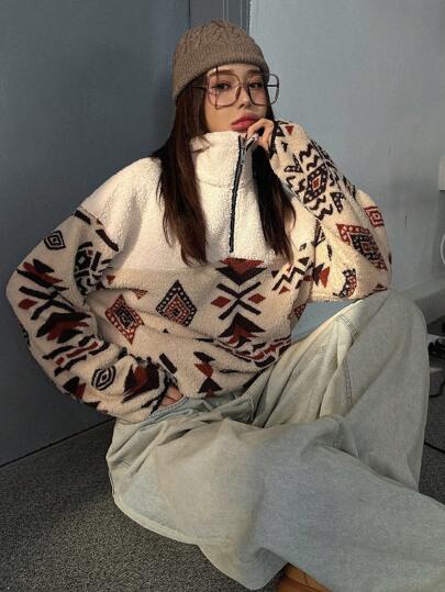 DAZY Damska bluza polarowa z kapturem i geometrycznym wzorem, zapinana na zamek, bluzki z długim rękawem, jesienne ubrania damskie, bluza z podszewką z polaru