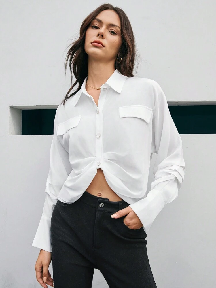 Women's Solid Color Flip Detail Curved Hem Shirt Button Up Shirt Fall Cloth For Women