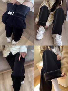 Flirla Plus Size Casual Solid Color Fleece Pants, Autumn/Winter - Black - View 2