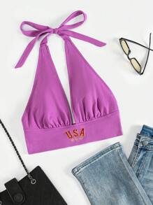 SHEIN EZwear Của phụ nữ Thêu Chữ Giải trí Halter Neck Áo - Màu tím - Xem 1