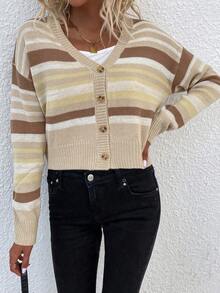 SHEIN LUNE Sọc Thả vai Nút phía trước Áo len Mở - Màu Khaki - Xem 6
