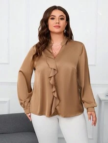 SHEIN Clasi Plus Size Women'S Ruffle Hem Notched-Neck Shirt - Khaki - View 5