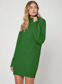 EURMUSE Solid Turtleneck Drop Shoulder Sweater Dress - Green - View 7