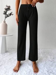 Cottnline 素色條紋針織直筒褲 - 黑色 - 查看 3