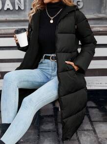 SHEIN Frenchy Abrigo largo y cálido sin mangas, acolchado, de color negro puro, para otoño/invierno