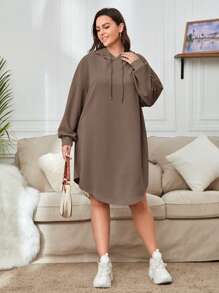 SHEIN Essnce 女士大尺碼下垂肩帶帽連帽運動衫連帽裙,帶有束繩 - 摩卡棕 - 查看 3