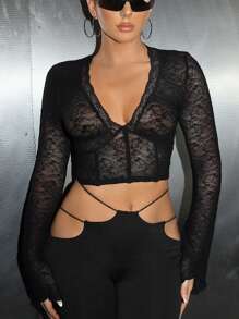 SHEIN ICON 女士蕾絲透視短款上衣 - 黑色 - 查看 3