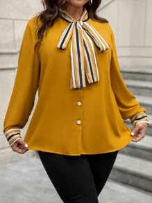 SHEIN Clasi Kích thước lớn Của phụ nữ Sọc In Áo sơ mi Với Tie Trước Vòng cổ - Màu vàng - Xem 5