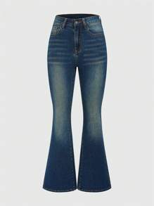 ROMWE Grunge Punk Women's Rhinestone Decor Flared Jeans - Blue - View 4