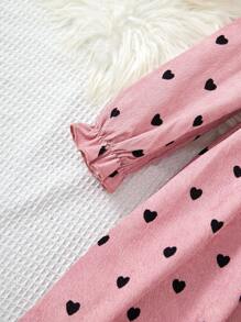 SHEIN 幼兒女孩 Love 印花燈芯絨荷葉邊下擺連身裙,帶有蝴蝶結細節,長袖 - 粉色 - 查看 7