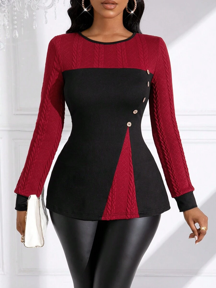 SHEIN Clasi Khối màu Có nút Áo thun - Màu Đỏ Sâu - Xem 1