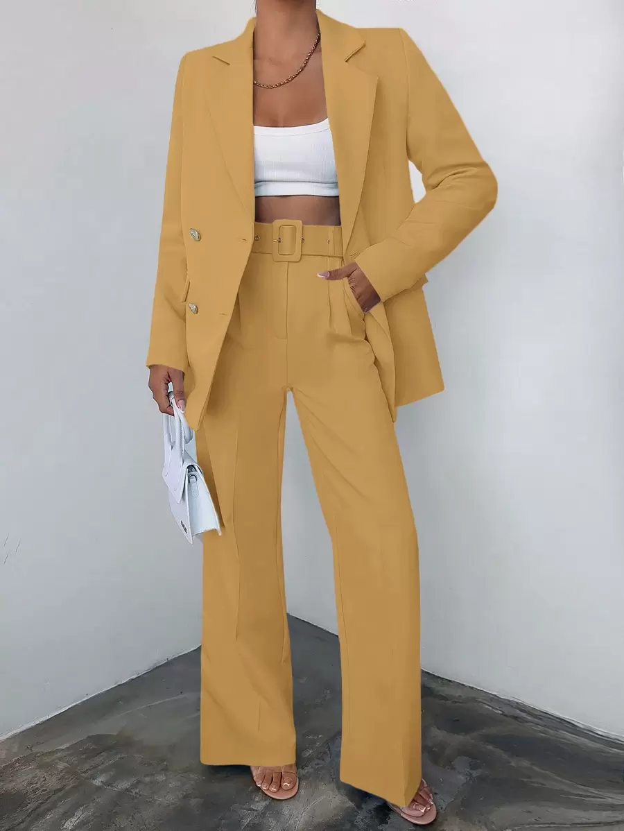 EURMUSE Women's Solid Color Blazer And Long Pants Suit - Beige - View 1