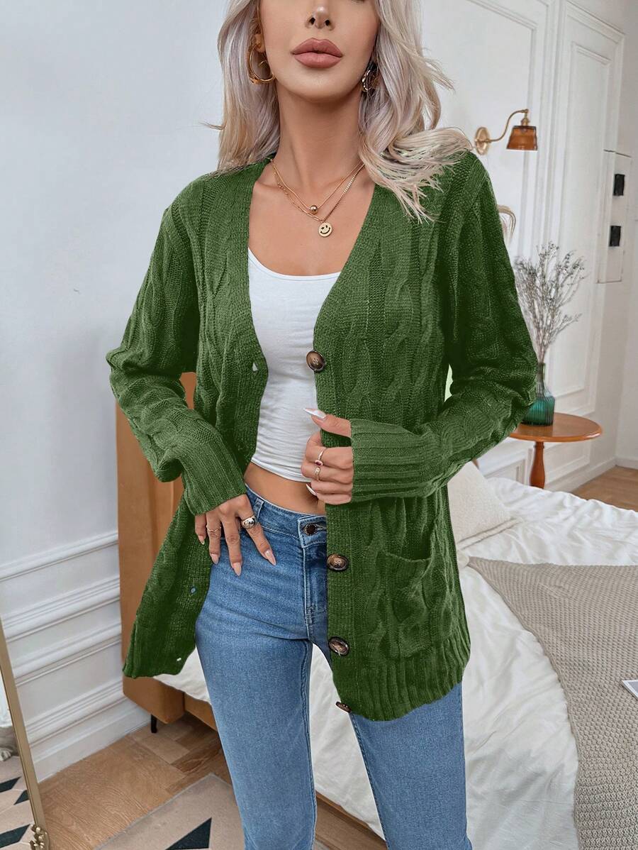 SHEIN Essnce Của phụ nữ Tay áo dài Nút phía trước Áo len Mở - xanh quân đội - Xem 1