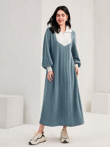 Mulvari 女款拼色領羅紋連身裙 - 藍白色 - 查看 4