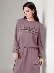 Mulvari 女士實色運動衫,印有字母圖案的擺邊 - 淺灰紫 - 查看 6