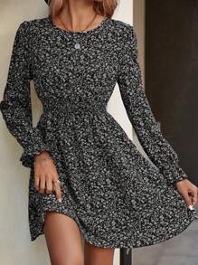 RueChic Ditsy Floral Flounce Sleeve Shirred Waist Dress,Bridgerton - Black - View 5
