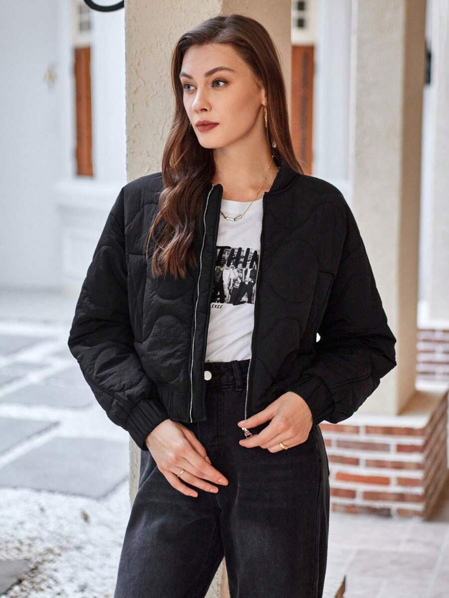 SHEIN Unity Women's Short Padded Padded Coat Clothes Winter With Stitching Detail - Black - View 1