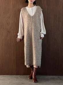 Dazy Designer 女式毛绒连衣裙，带开衩下摆，女式毛衣连衣裙 - 駝色 - 查看 3