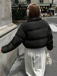 DAZY 抽绳下摆落肩拉链夹棉大衣，冬季女装，冬季女装外套 - 黑色 - 查看 2