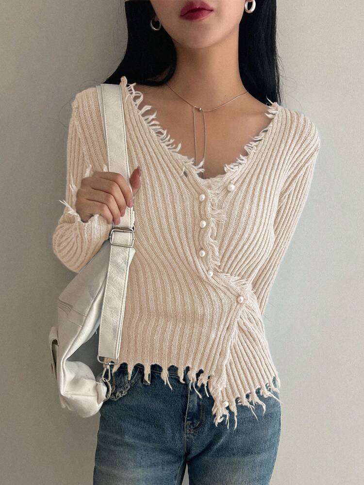 Women's Fashionable Pearls Button Decorated Cardigan With Tassel Hem
