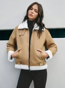 Anewsta Khóa kéo-Mặt trước Áo khoác - Màu Khaki - Xem 5