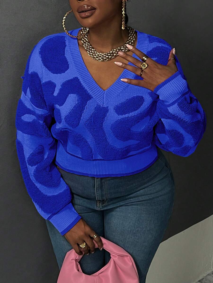 Slaydiva Áo len chui đầu cổ chữ V in họa tiết cỡ lớn cho mùa đông - Màu xanh lam - Xem 1