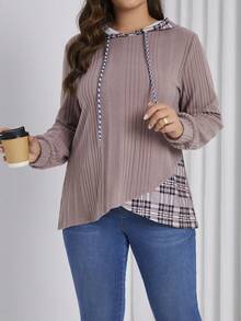SHEIN LUNE Plus Size Women's Patchwork Plaid Sweatshirt - Dusty Pink - View 3