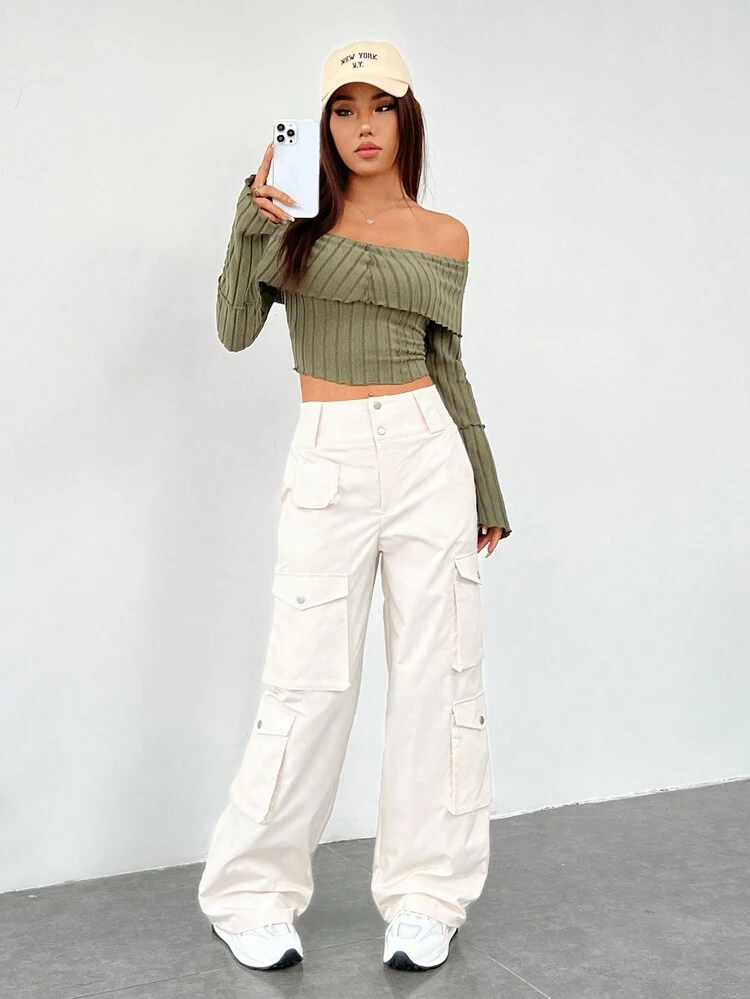 SHEIN EZwear Camiseta De Mujer Con Hombros Descubiertos De Punto Verde De Moda - Verde militar - Ver 4