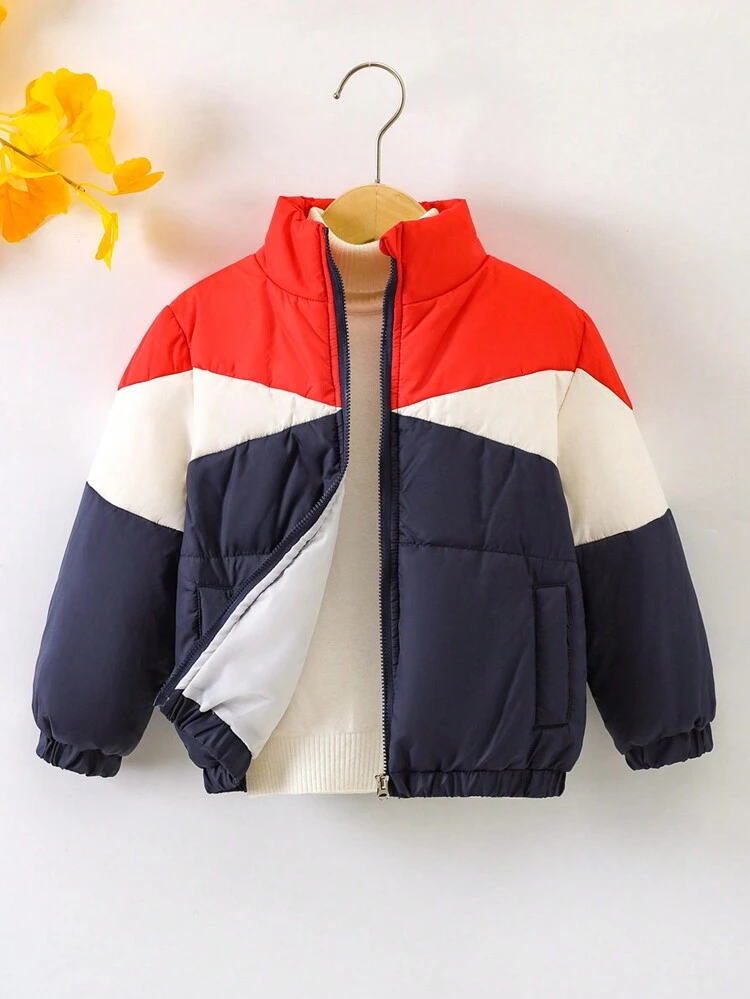 Girls' Casual Style Color Block Stand Collar Zipper Thick Jacket