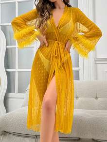 Ropa De Dormir De Gasa De Malla Para Mujer Con Jacquard Floral Y Mangas Con Volantes - Amarillo - Ver 5