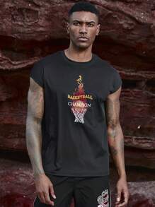 SHEIN Riding 男士籃球印花短袖球衣 - 黑色 - 查看 1